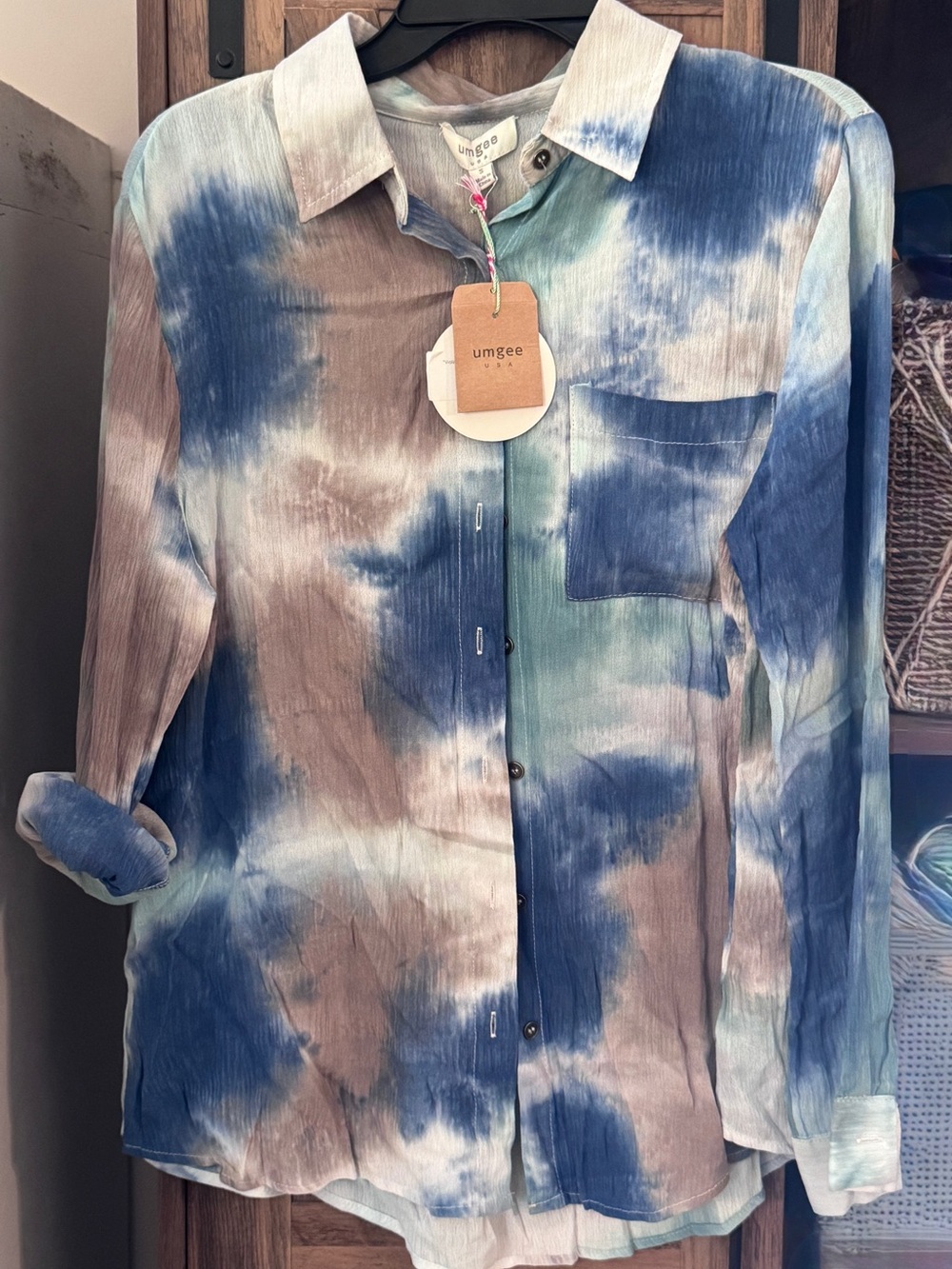 Umgee Tie-Dye Button-Down Shirt in Blue and Brown